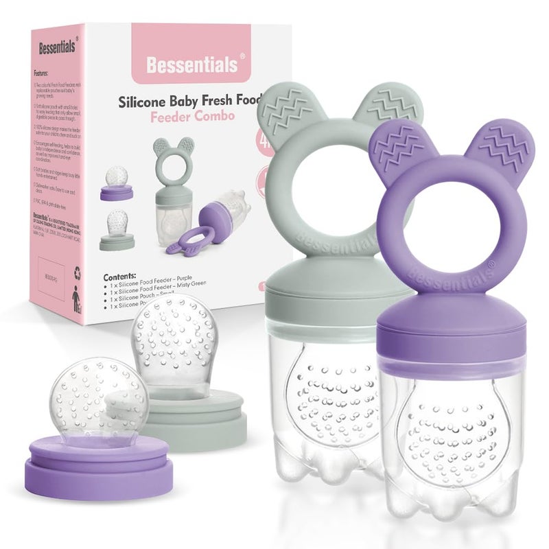 BESSENTIALS Baby Fresh Fruit Food Feeder - 2 Pack Silicone Baby Mesh Feeders for Infant Safe Self Feeding |3 Sizes Food Pouches Included| Suitable for Baby 4m+（ Purple+Misty Green） - Image 1
